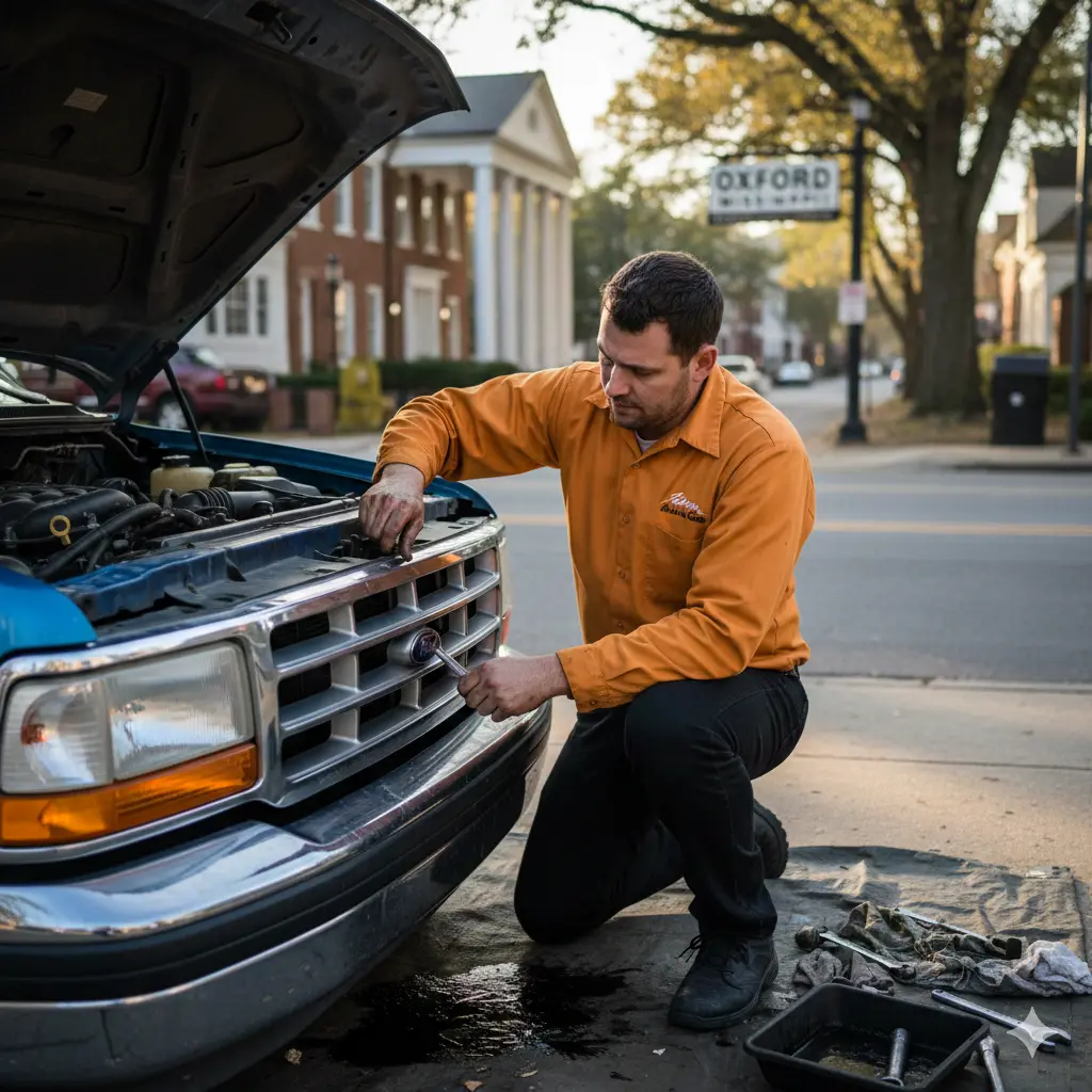 Technician performing Ford repair on a vehicle engine.