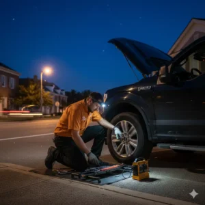Ford mobile mechanic Oxford repairing a Ford on the roadside at night.