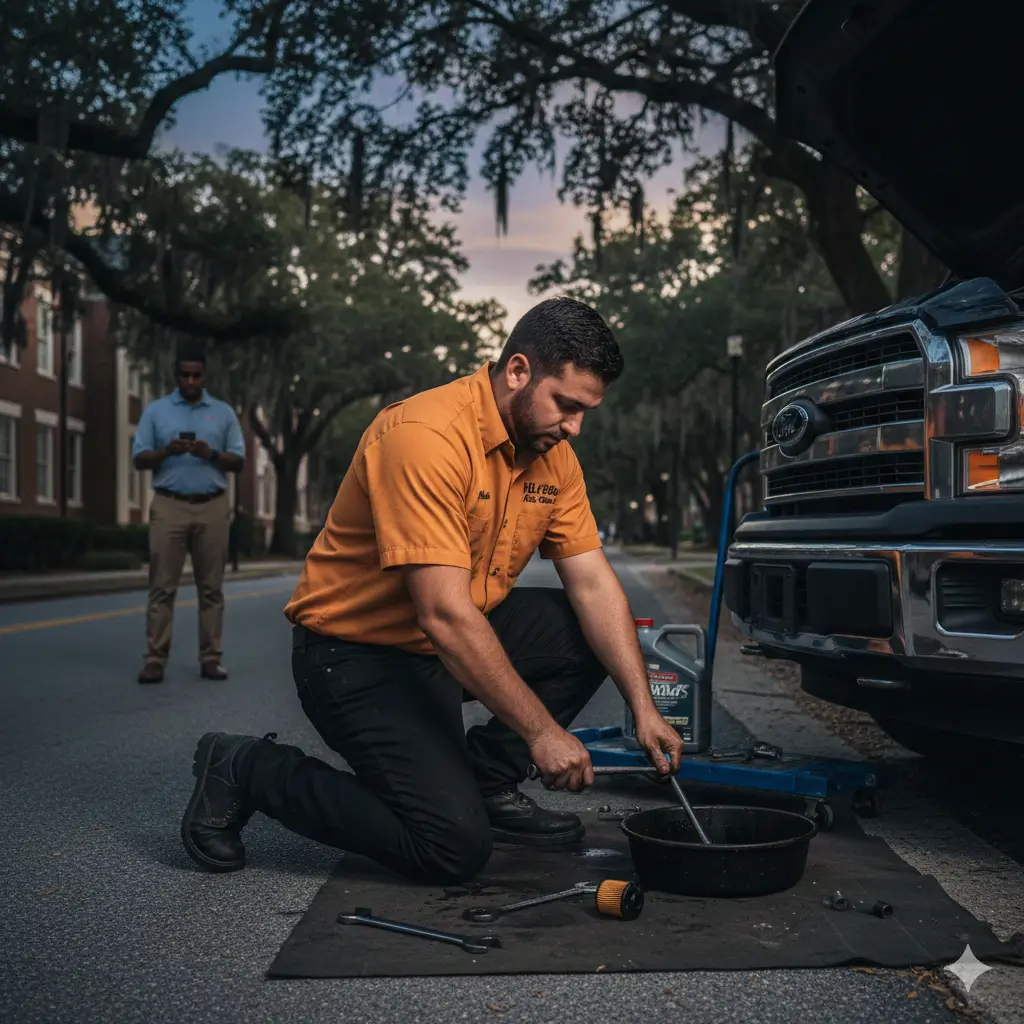 A mechanic in a mustard orange Hill Auto Care shirt and black jeans performing a Ford oil change on a roadside in Oxford, Mississippi, during twilight.