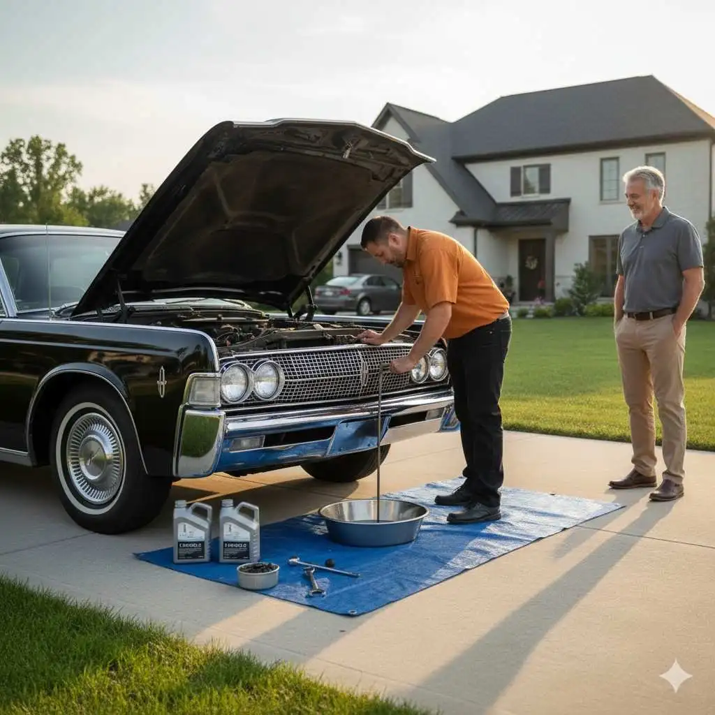 Mobile Lincoln Oil Change service by Hill Auto Care in Oxford, MS, showing technician performing on-site engine oil replacement.