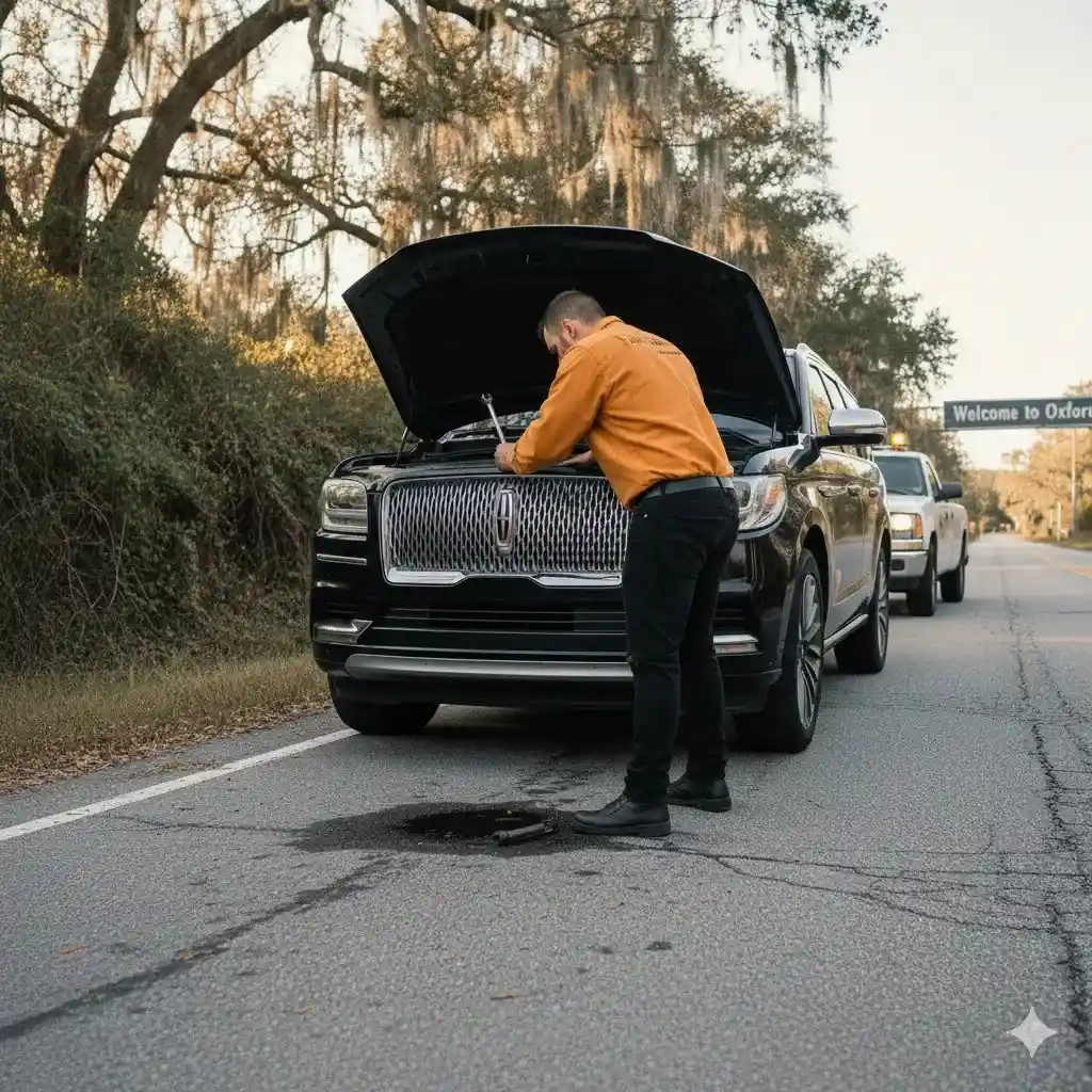 Mobile Lincoln Oil Leak Repair technician inspecting engine for oil leaks in Oxford, MS