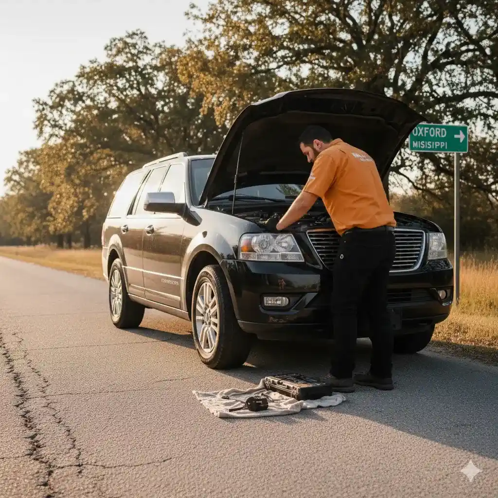 Technician performing mobile Lincoln repair on a Lincoln vehicle.
