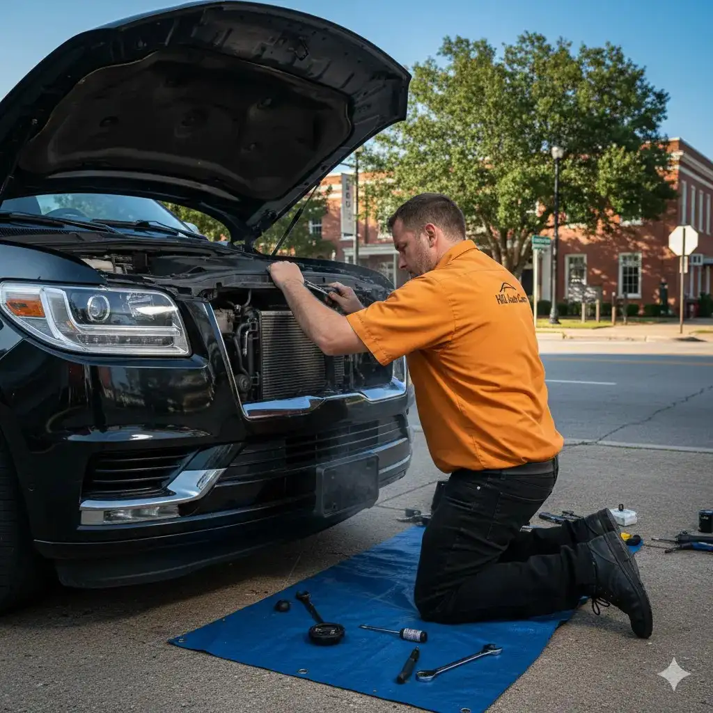 Technician performing on-site Lincoln Cooling System Repair on a Lincoln vehicle in Oxford, MS