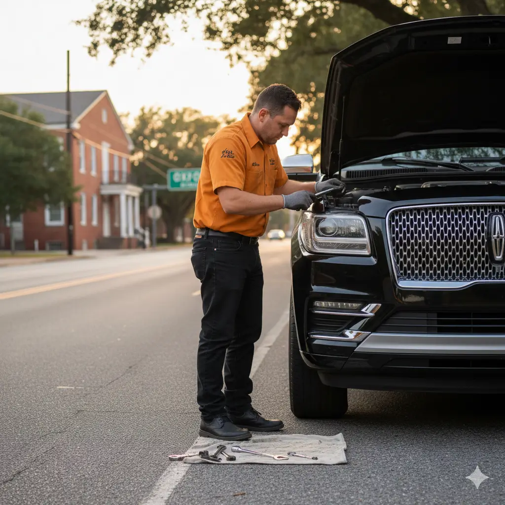 On-site Lincoln repair Mississippi providing service with Hill Auto Care technician inspecting engine and brakes for optimal performance in Oxford, MS.