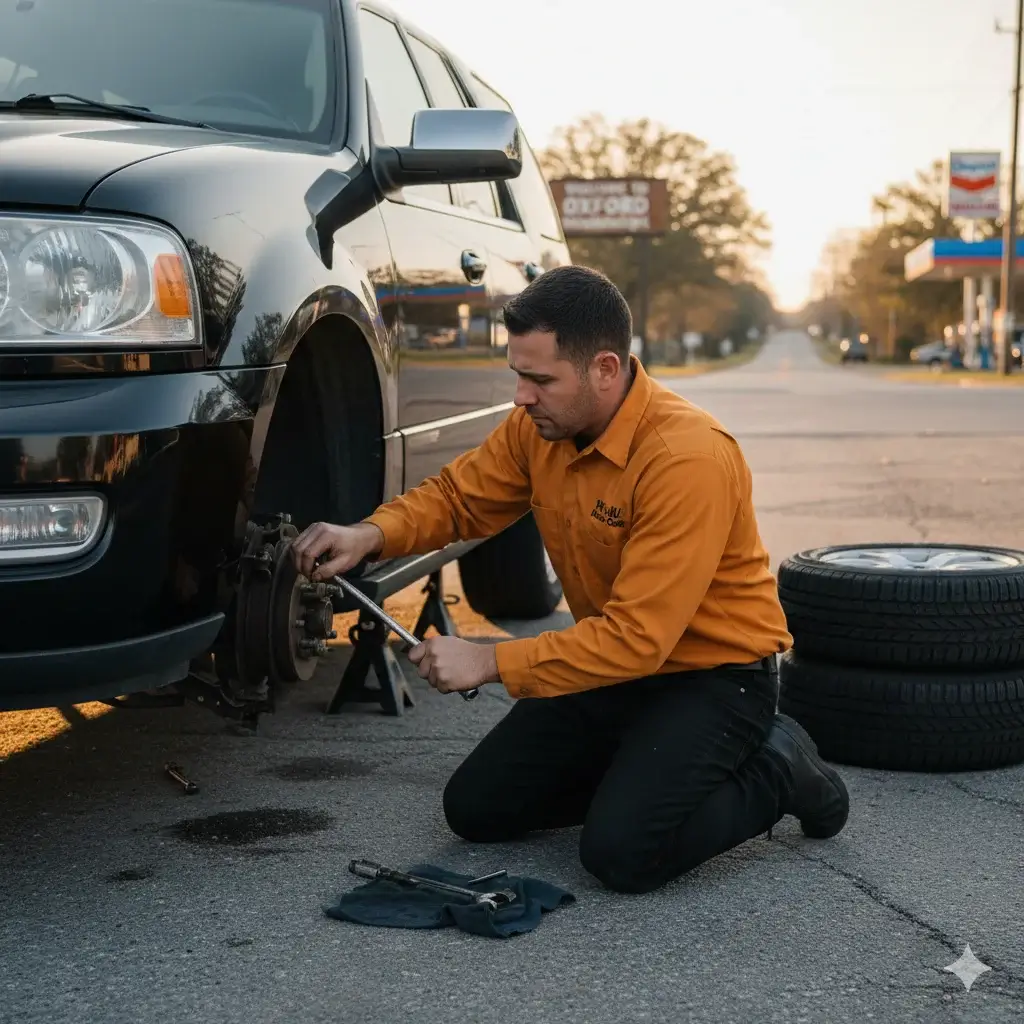 Lincoln Suspension Repair in Oxford, MS – Certified technician inspecting suspension components on a Lincoln vehicle.