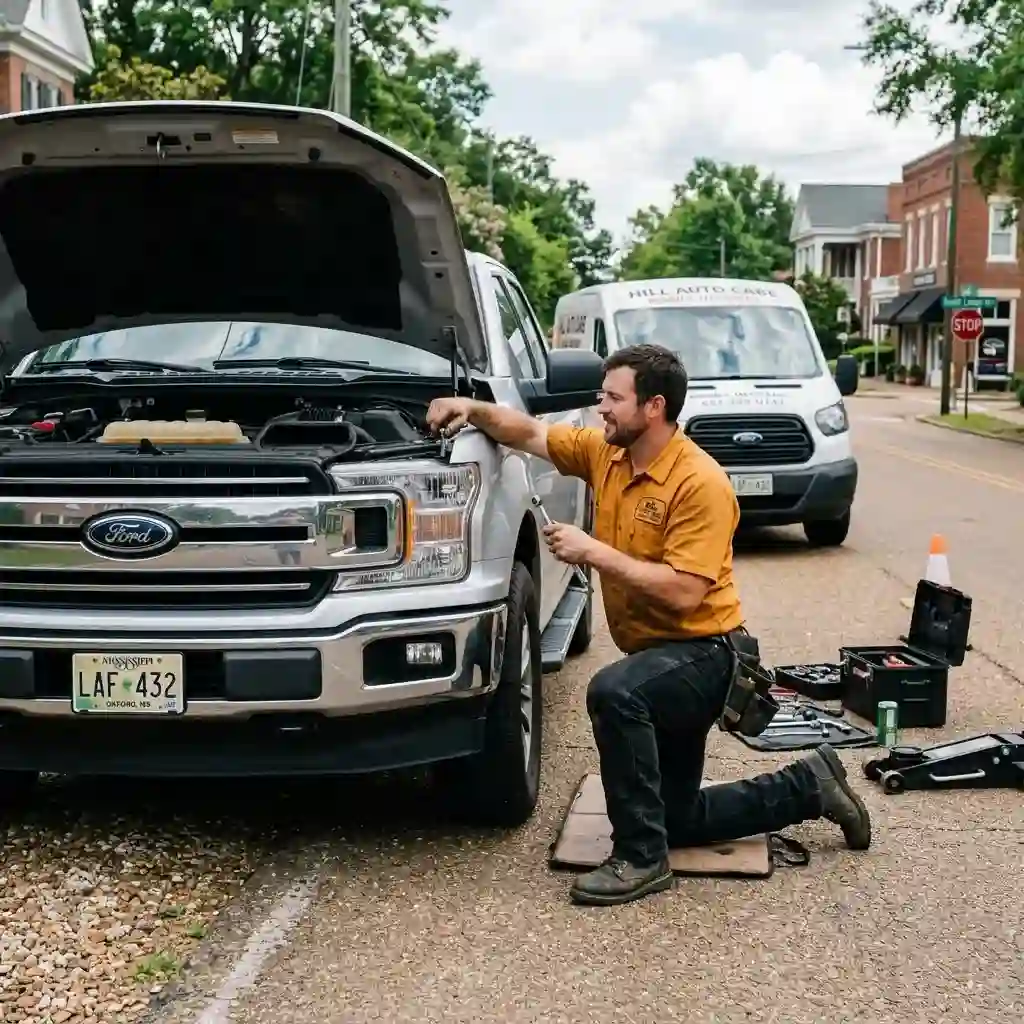 Ford Maintenance by a professional on a Ford vehicle on-site.