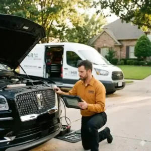 A Lincoln Mobile Mechanic in a mustard orange shirt using a diagnostic tablet to fix a Lincoln Navigator on-site in Oxford.