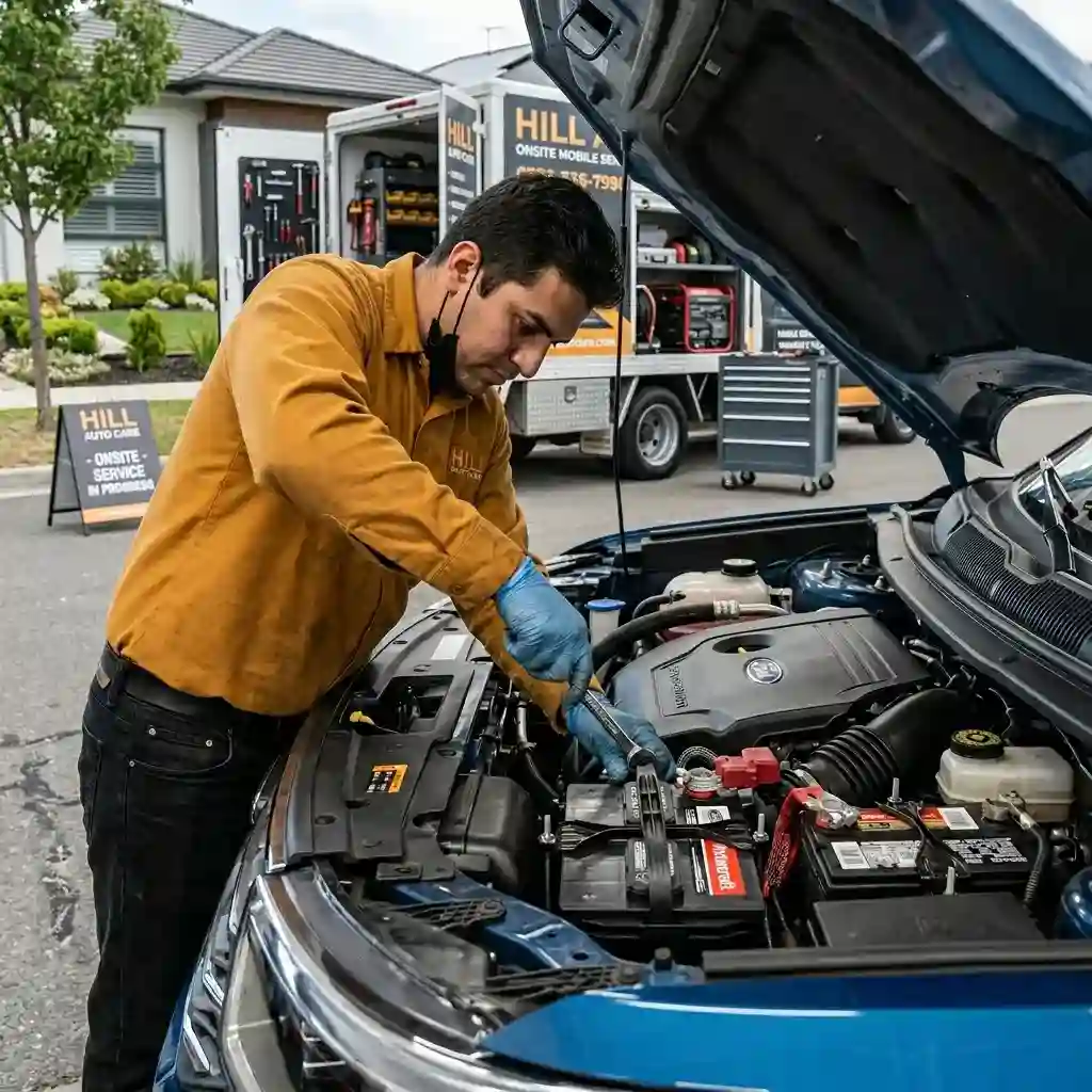 Professional mechanic replacing a Ford car battery on-site in {city}, showing detailed battery terminals and engine components.