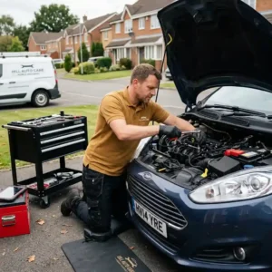 Mobile mechanic in mustard shirt and black jeans providing car repair service