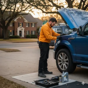 Check Engine Light Oxford diagnosis with a mobile mechanic inspecting a Ford vehicle using an OBD-II scanner.