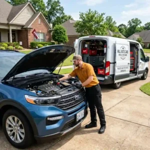 Mobile Mechanic Prices Oxford MS – Hill Auto Care mobile mechanic servicing a Ford vehicle at a customer's home.