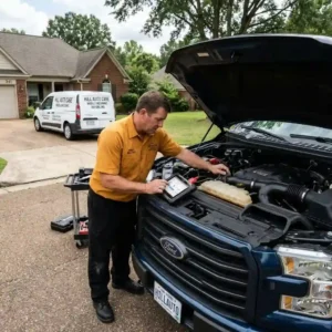 Emergency Mobile Mechanic Oxford inspecting a Ford vehicle in a residential driveway.